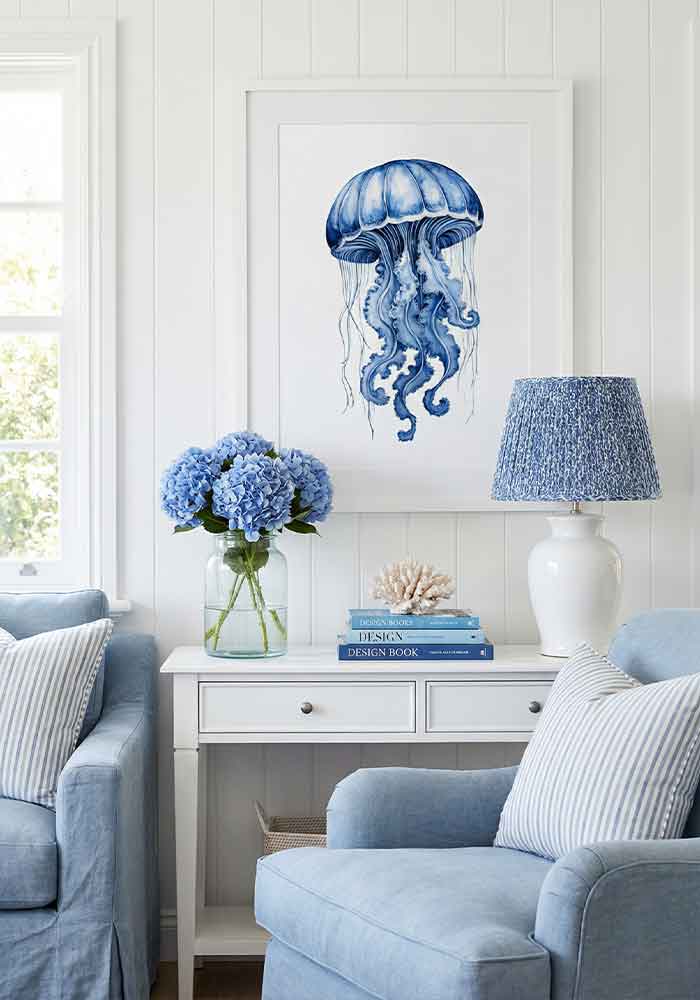 Delicate monochromatic watercolor illustration of a dzwon-shaped jellyfish with trailing tentacles in deep indigo blue, on a plain white background.