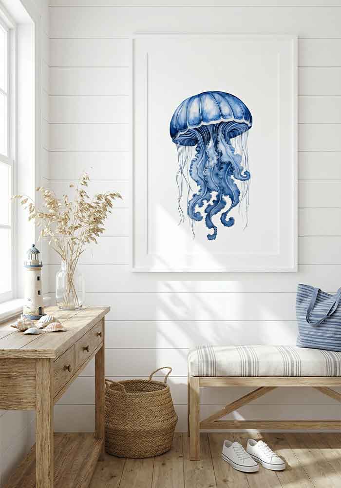 Delicate monochromatic watercolor illustration of a dzwon-shaped jellyfish with trailing tentacles in deep indigo blue, on a plain white background.