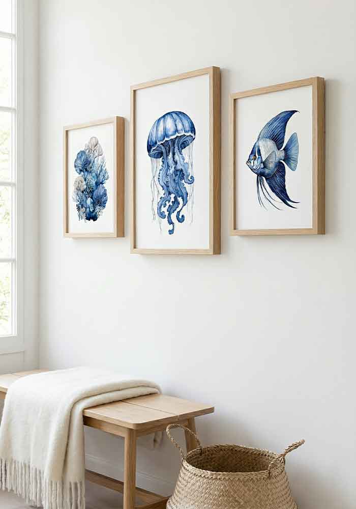 Delicate monochromatic watercolor illustration of a dzwon-shaped jellyfish with trailing tentacles in deep indigo blue, on a plain white background.
