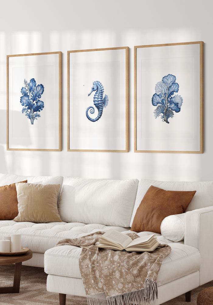 Indigo Blue Seaweed Poster Navy blue watercolor seaweed illustration — elegant marine wall art