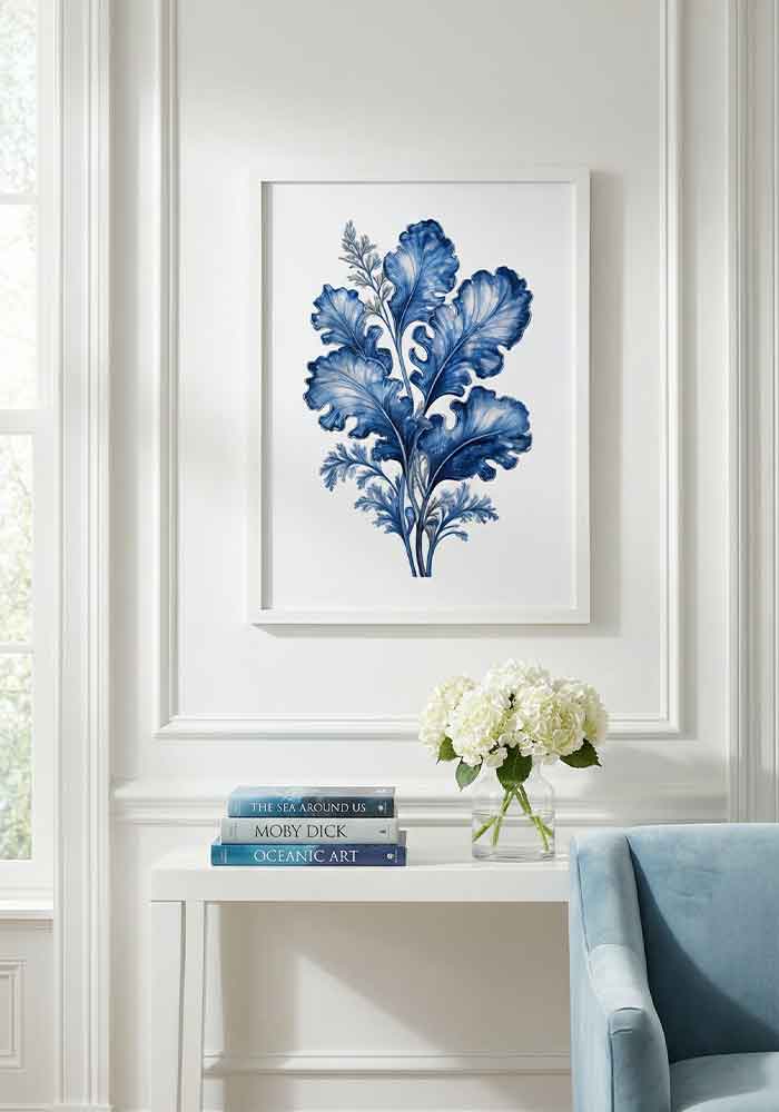 Indigo Blue Seaweed Poster Delicate watercolor illustration of marine seaweed leaves in deep indigo blue tones on a pristine white background.