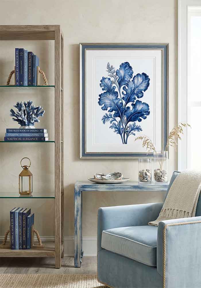 Indigo Blue Seaweed Poster Delicate watercolor illustration of marine seaweed leaves in deep indigo blue tones on a pristine white background.