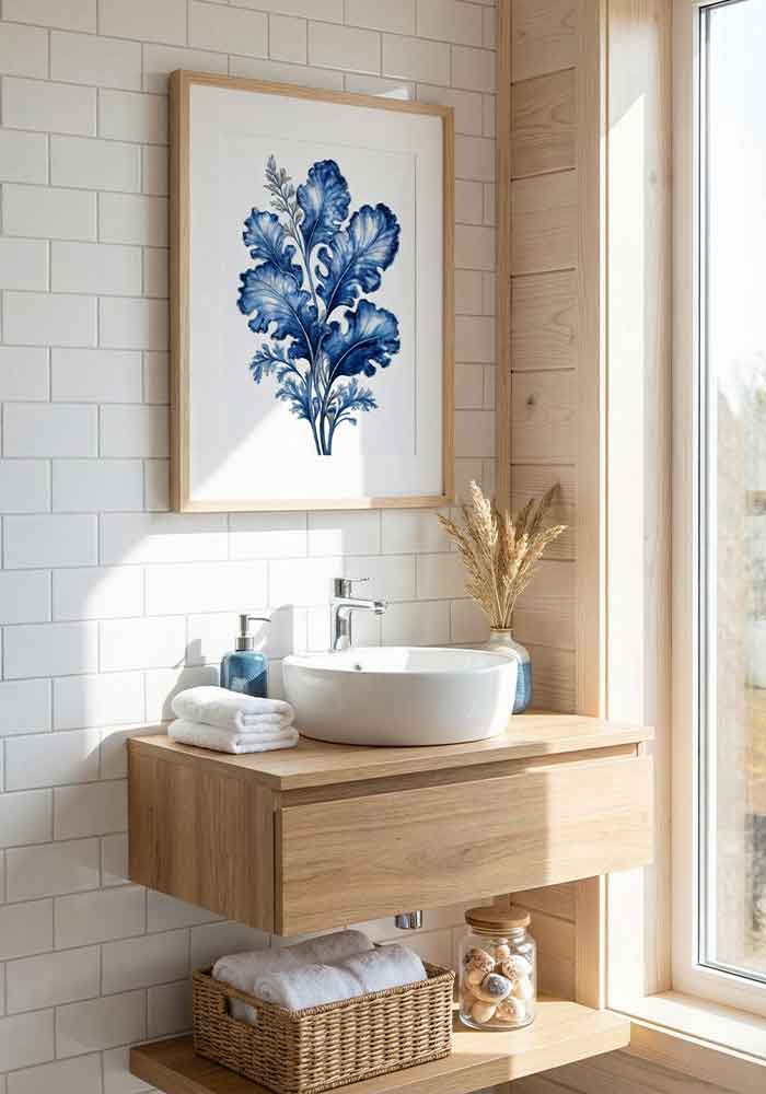 Indigo Blue Seaweed Poster Delicate watercolor illustration of marine seaweed leaves in deep indigo blue tones on a pristine white background.