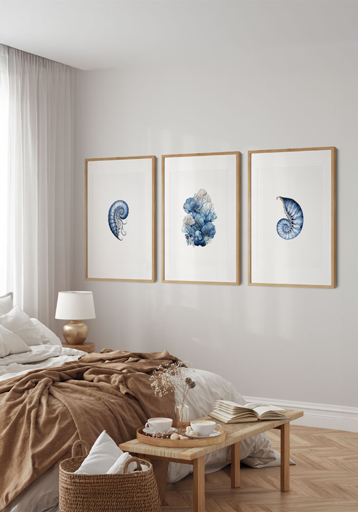Art, Print, Navy blue seashell watercolor print.