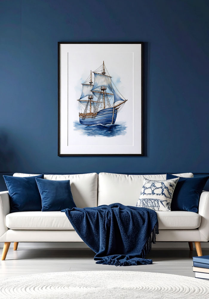 Watercolor poster of a vintage tall ship in navy tones. Nautical wall art with soft brush textures – ideal for elegant interiors.