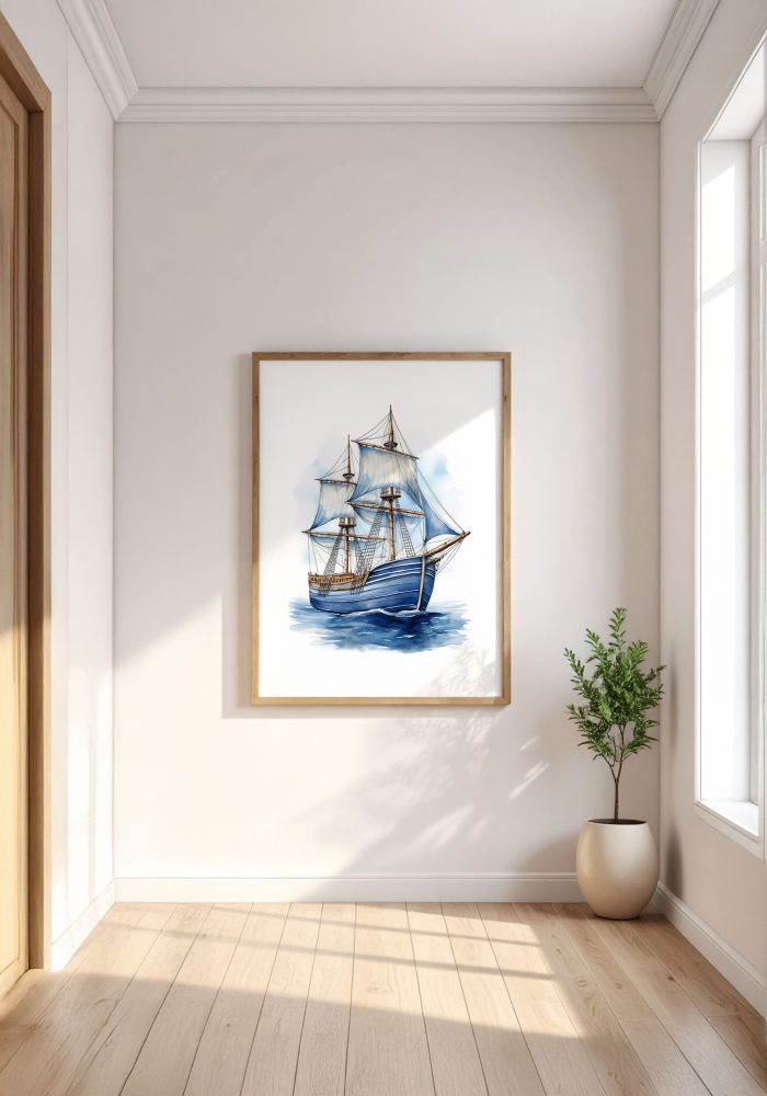 Mockup featuring framed tall ship poster on a minimalist gallery wall with neutral colors