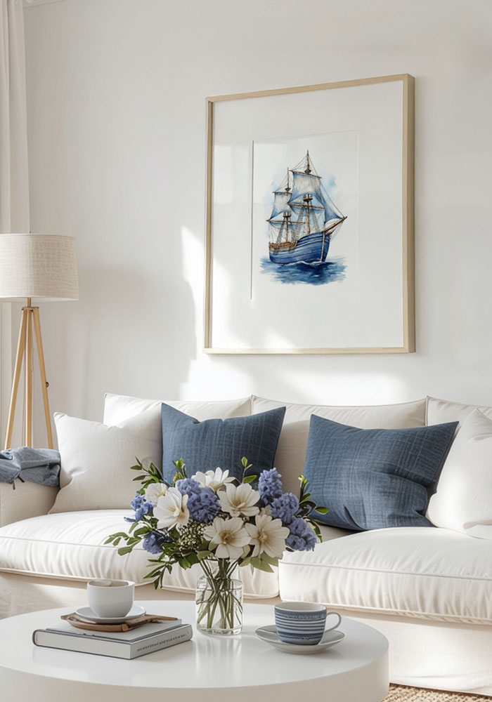 Watercolor poster of a vintage tall ship in navy tones. Nautical wall art with soft brush textures – ideal for elegant interiors.