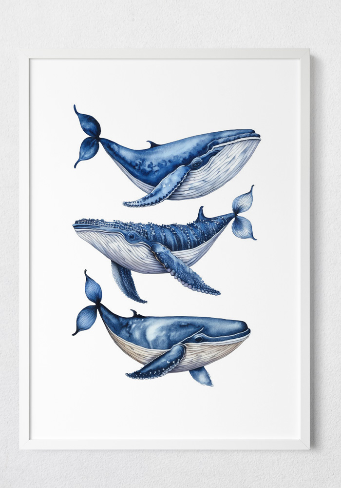 Whale Trio In Navy Blue Art Whale Trio in Navy Blue – Nautical Wall Art for Any Room