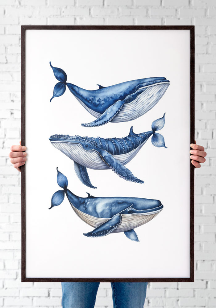 Whale Trio In Navy Blue Art Whale Trio in Navy Blue – Nautical Wall Art for Any Room