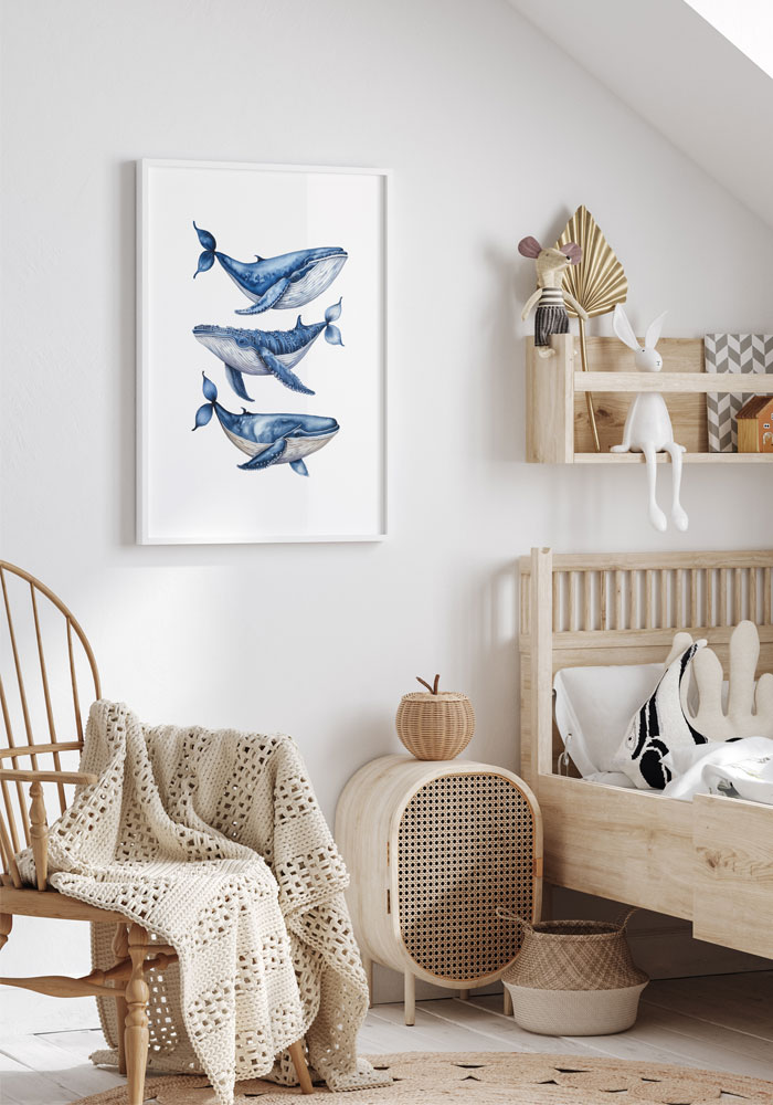 Whale Trio In Navy Blue Art Whale Trio in Navy Blue – Nautical Wall Art for Any Room