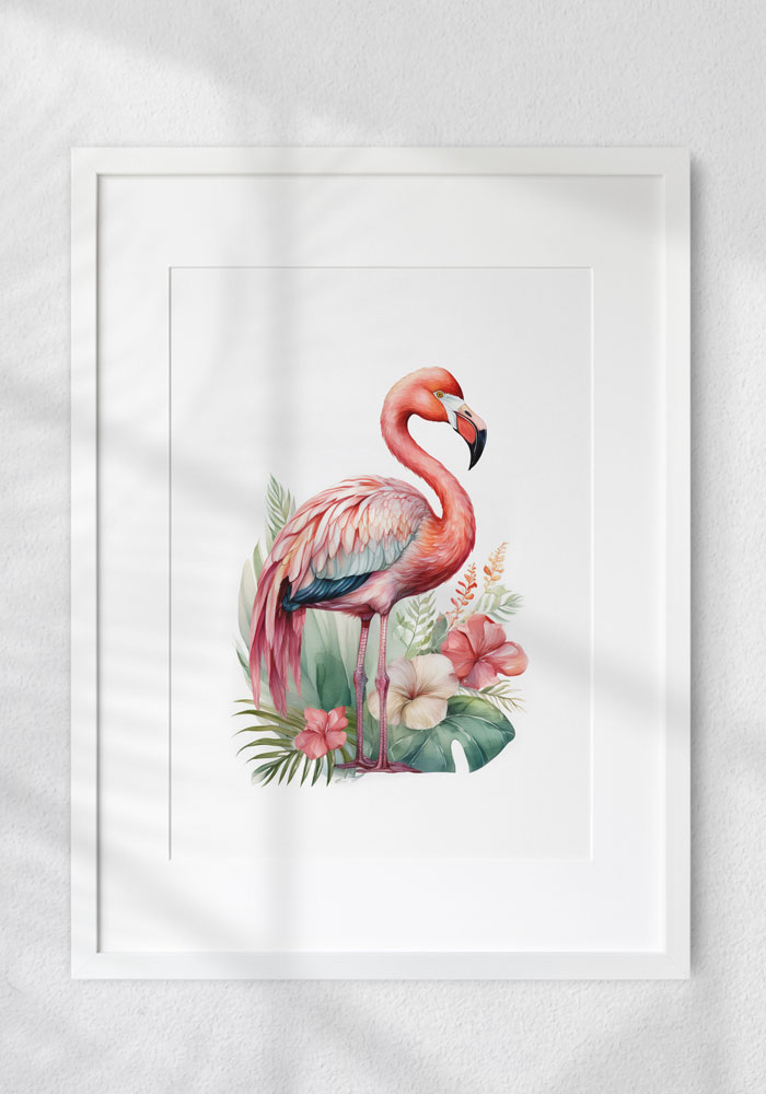 Watercolor flamingo poster with tropical leaves and soft pink flowers – elegant and calming wall art. Artinforms.store