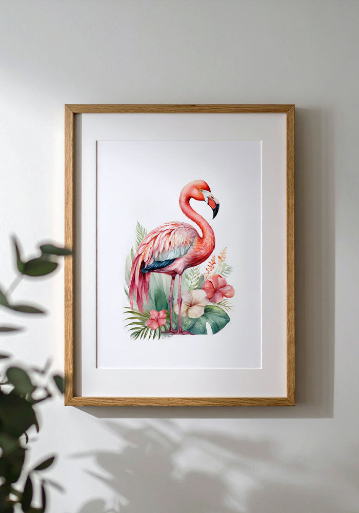 Watercolor flamingo poster with tropical leaves and soft pink flowers – elegant and calming wall art. Artinforms.store