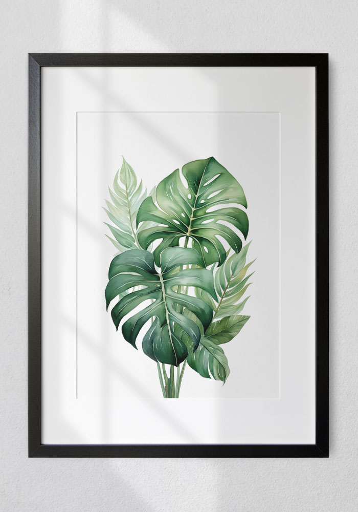 Lush Monstera Poster Watercolor Monstera leaf illustration – elegant, botanical wall art with a fresh, natural feel. Artinforms.store