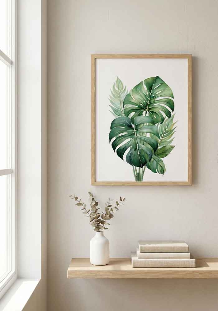 Lush Monstera Poster Vibrant watercolor illustration of tropical Monstera leaves in rich green tones on a white background.