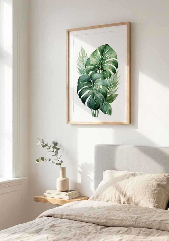 Lush Monstera Poster Vibrant watercolor illustration of tropical Monstera leaves in rich green tones on a white background.