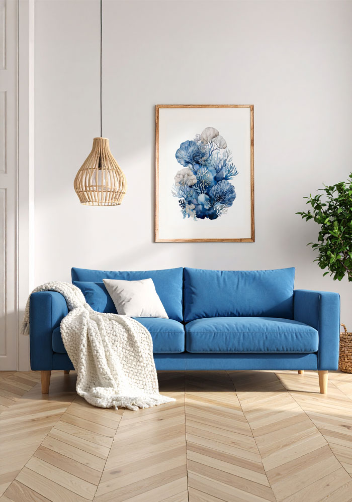 Watercolor coral reef illustration in deep navy tones – ocean wall art from Artinforms.store