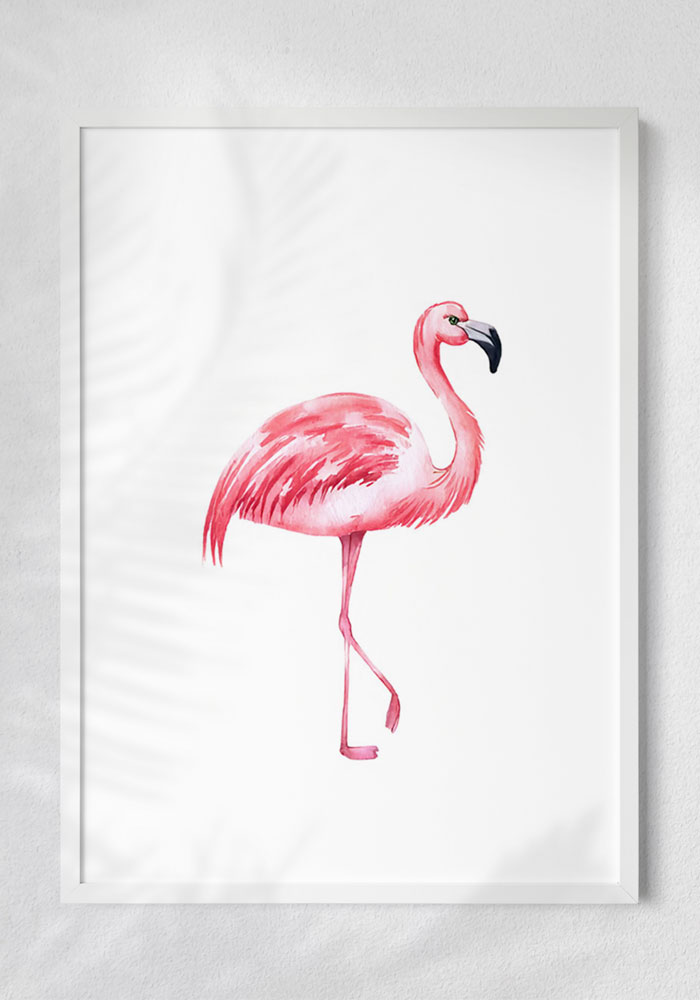 Minimalist watercolor flamingo standing gracefully, symbolizing peace and sophisticated elegance.