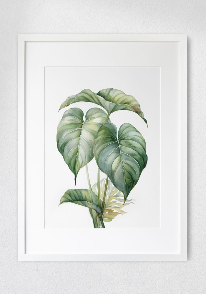 Watercolor Philodendron leaf illustration – soft botanical wall art with calming, natural tones. Artinforms.store