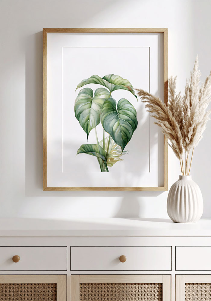 Watercolor Philodendron leaf illustration – soft botanical wall art with calming, natural tones. Artinforms.store