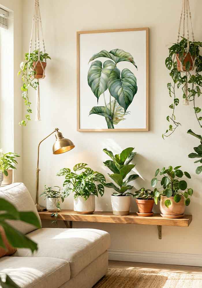 Elegant watercolor illustration of large, green Philodendron leaves with detailed light veins on a clean white background.