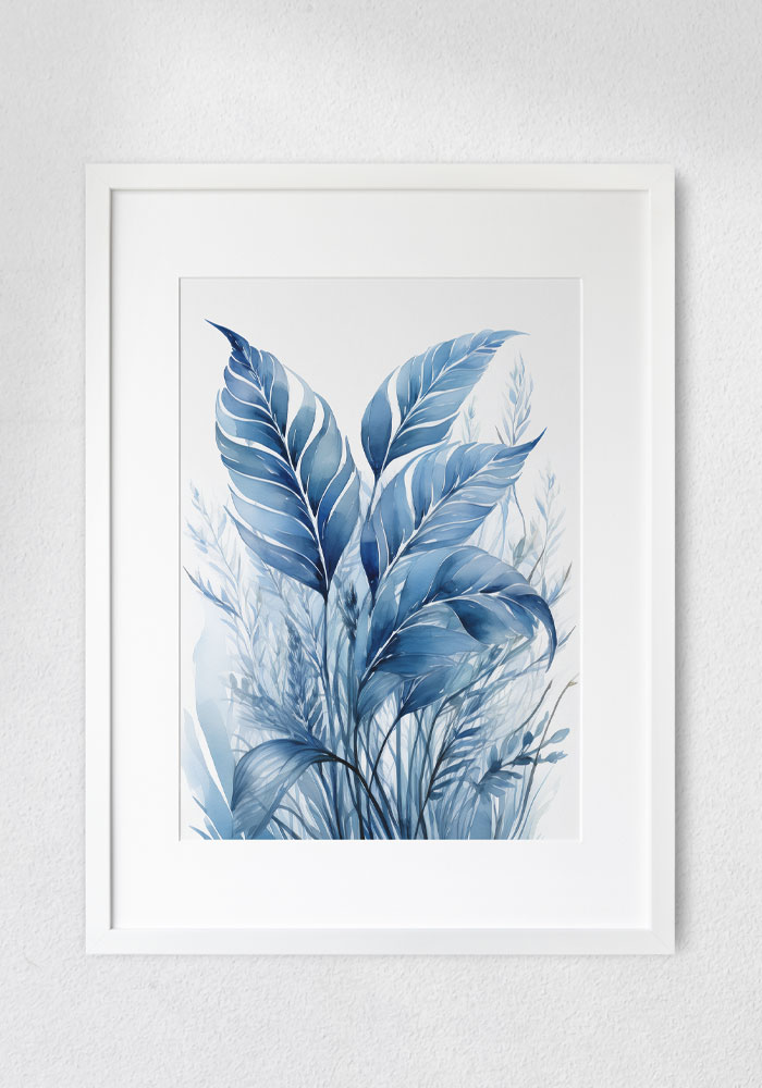 Navy blue watercolor poster of flowing sea grass, peaceful and elegant coastal wall art.