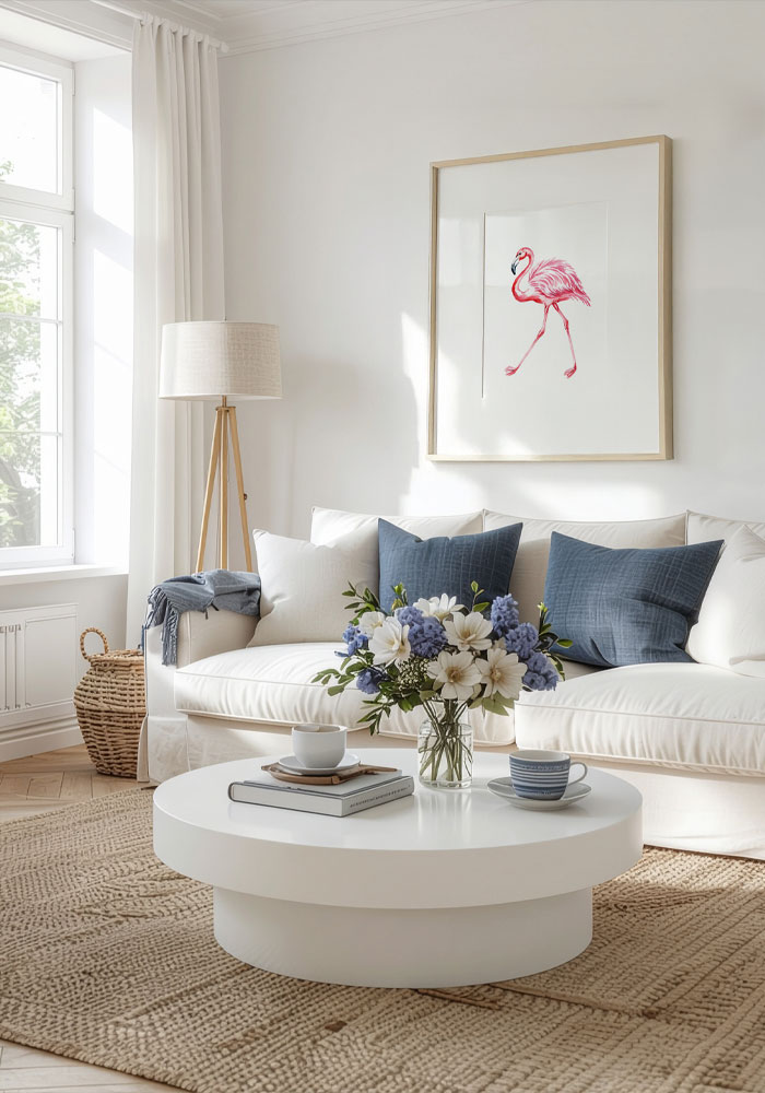 Minimalist watercolor flamingo standing gracefully, symbolizing peace and sophisticated elegance.