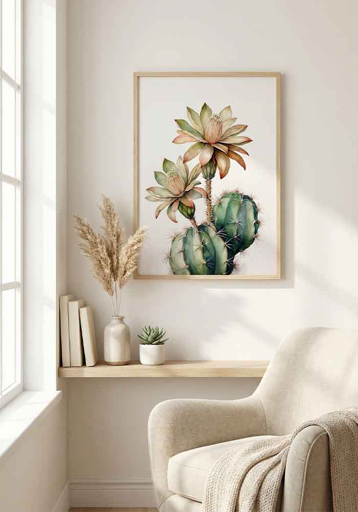 Watercolor illustration of a green Gymnocalycium cactus with two large, delicate peach-colored blooming flowers on a white background.