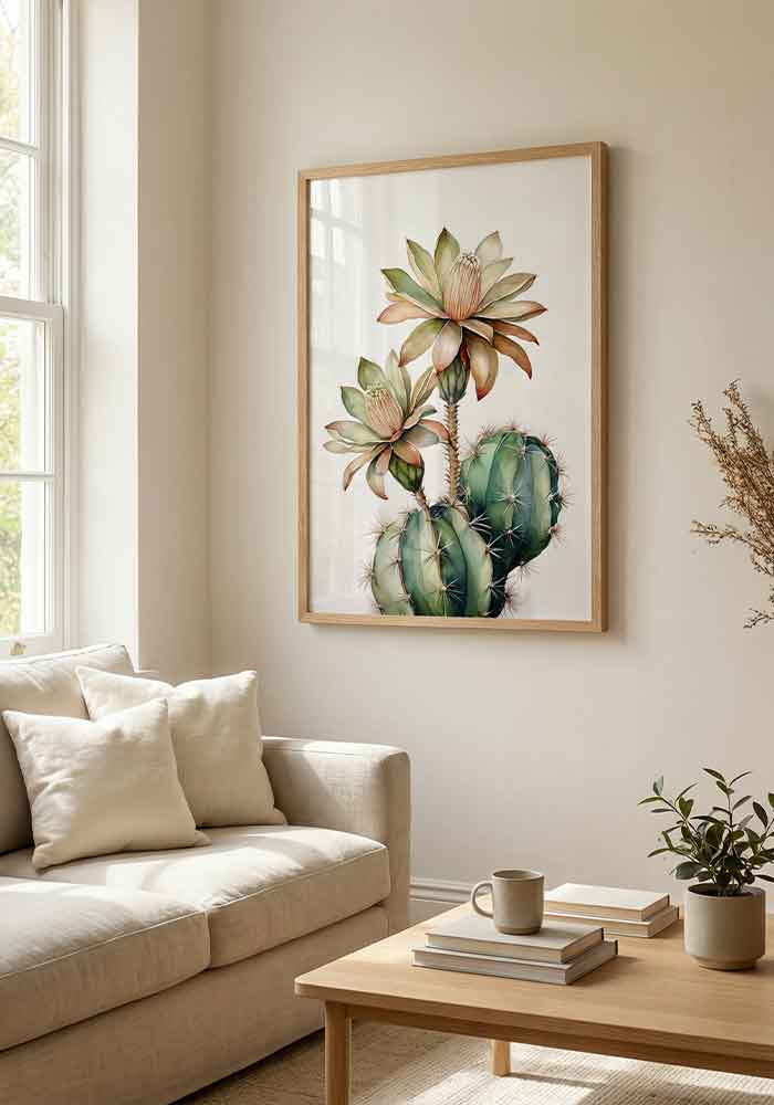 Watercolor illustration of a green Gymnocalycium cactus with two large, delicate peach-colored blooming flowers on a white background.