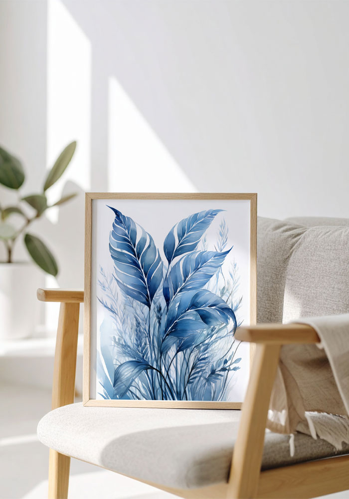 Navy blue watercolor poster of flowing sea grass, peaceful and elegant coastal wall art.
