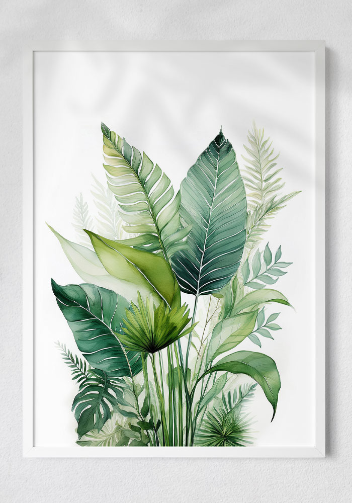 Lush Amazonia Poster Minimalist watercolor poster of Amazon rainforest leaves, soft botanical illustration in earthy tones, elegant and modern wall art.