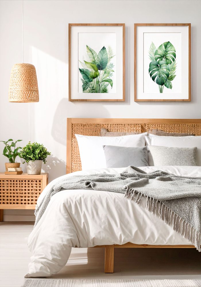 Lush Amazonia Poster Minimalist watercolor poster of Amazon rainforest leaves, soft botanical illustration in earthy tones, elegant and modern wall art.