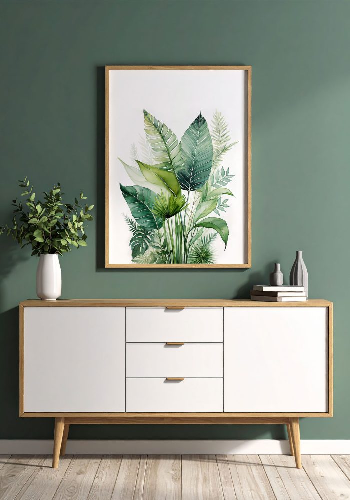 Minimalist watercolor poster of Amazon rainforest leaves, soft botanical illustration in earthy tones, elegant and modern wall art.