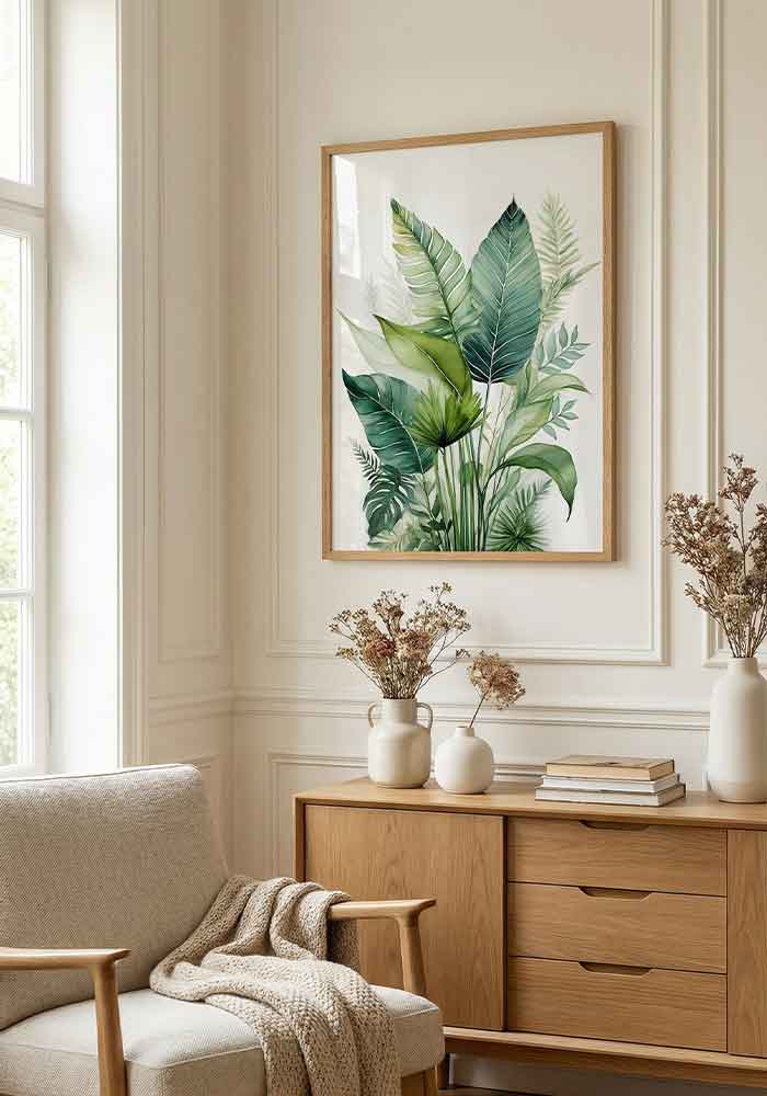 Lush Amazonia Poster Dense watercolor composition of various tropical rainforest leaves and ferns in multiple shades of vibrant green on a white background.