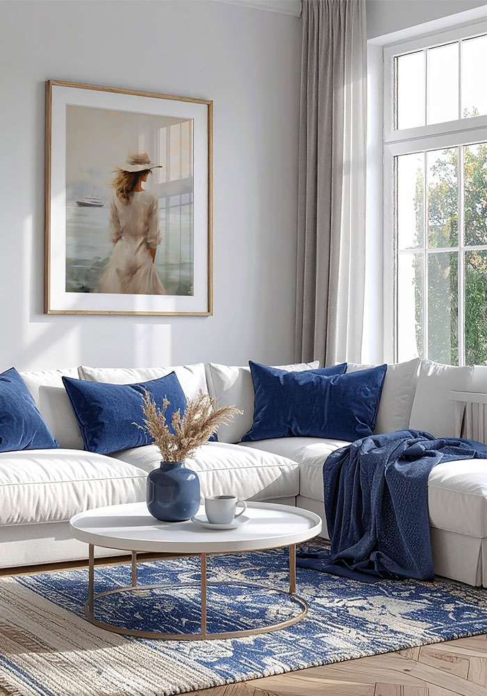 Sweet Melancholy Poster Poster displayed above a sofa in an elegant living room