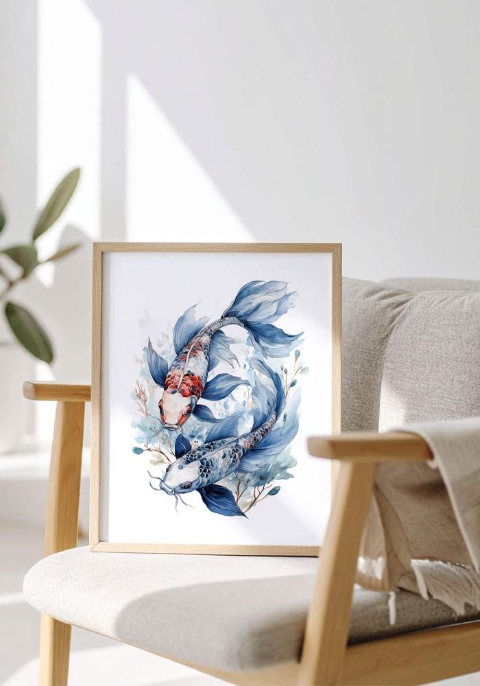 Elegant wall art with two Koi fishes illustration. Mockup