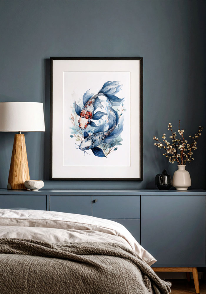 Elegant wall art with two Koi fishes illustration. Mockup