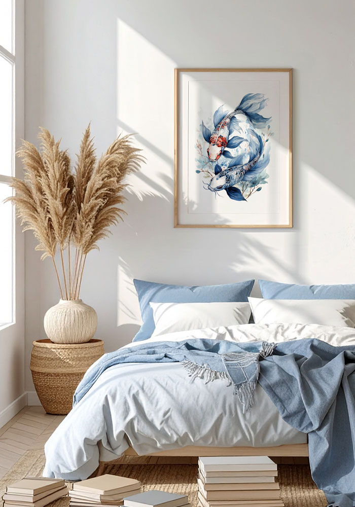 Elegant wall art with two Koi fishes illustration. Mockup