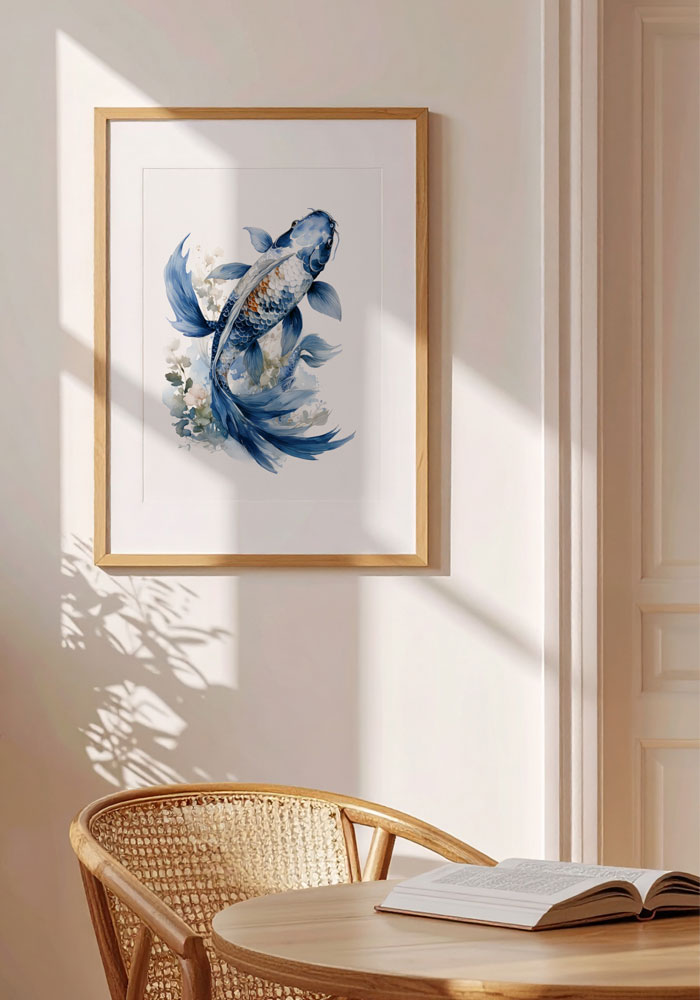 Minimal poster with a single Koi fish illustration. Mockup