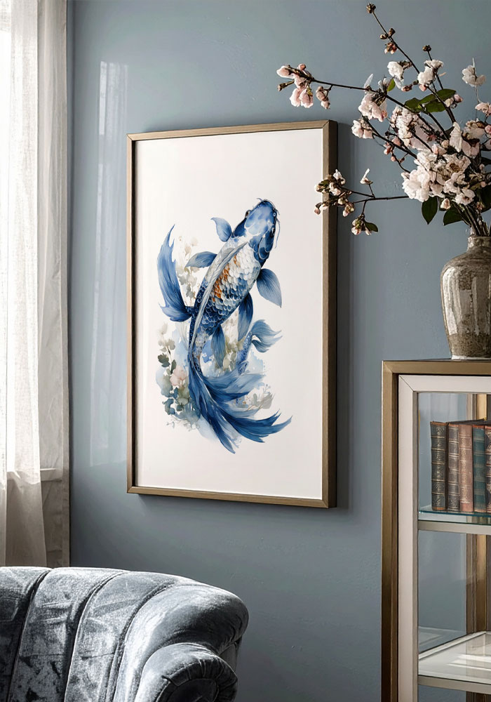 Minimal poster with a single Koi fish illustration. Mockup