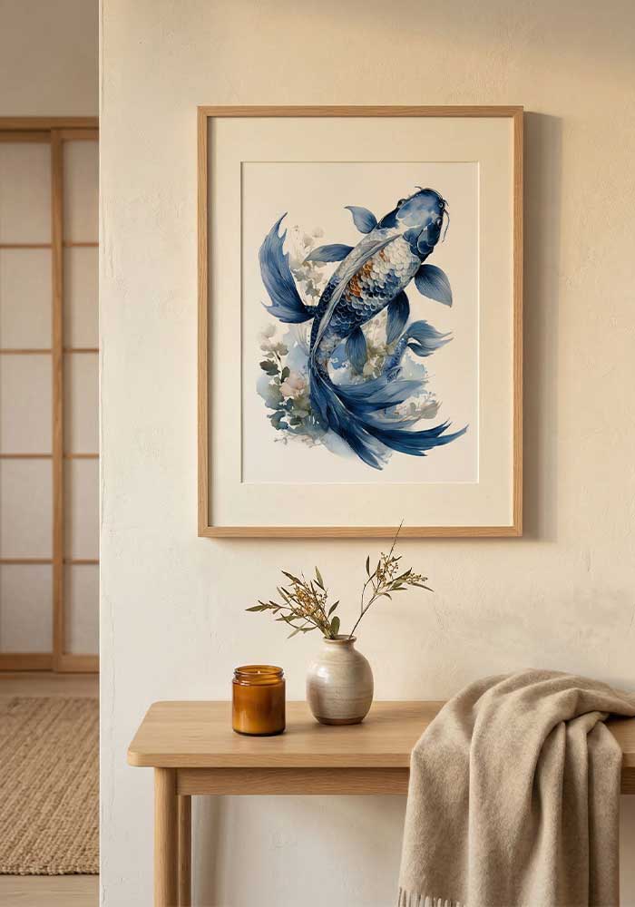 Watercolor illustration of a single blue and silver Koi fish swimming upwards among delicate aquatic plants on a white background.