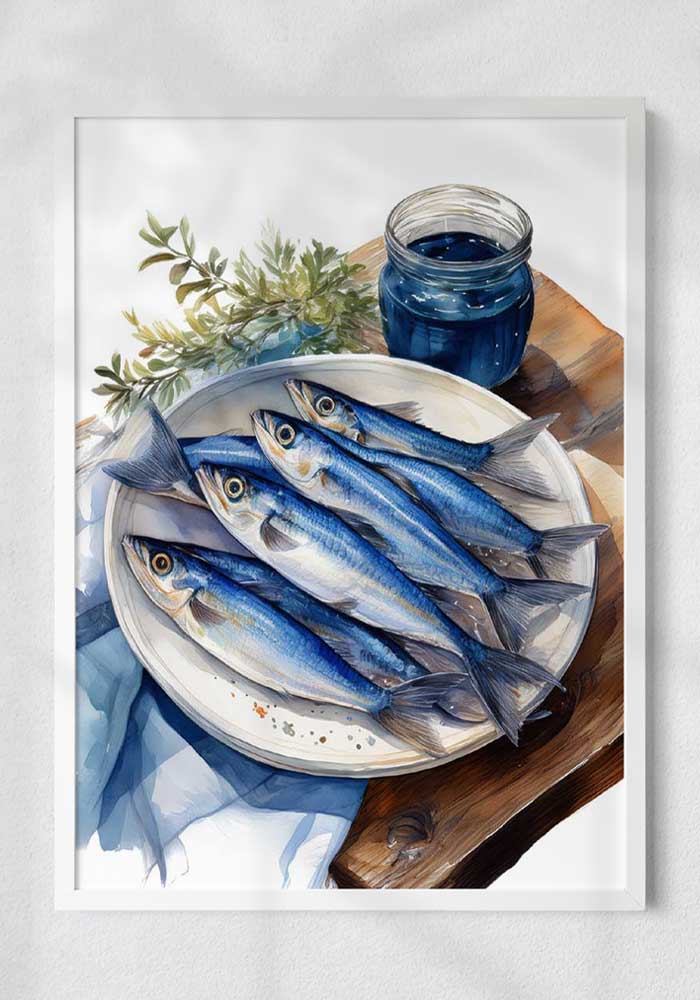Artistic poster with sardines on a plate illustration