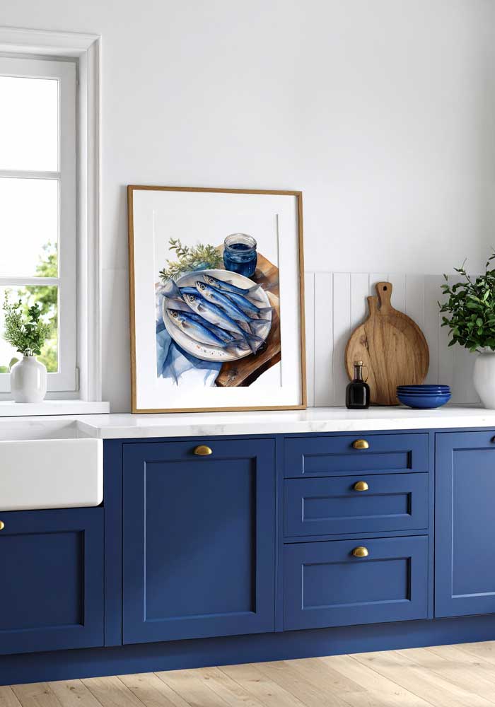 Artistic poster with sardines on a plate illustration