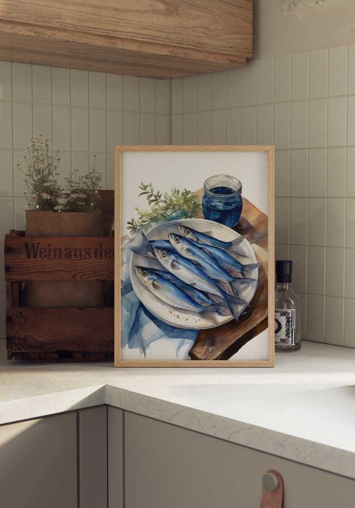 Artistic poster with sardines on a plate illustration