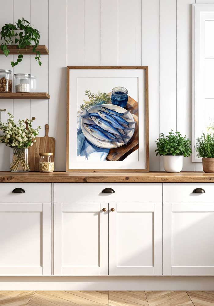 Artistic poster with sardines on a plate illustration