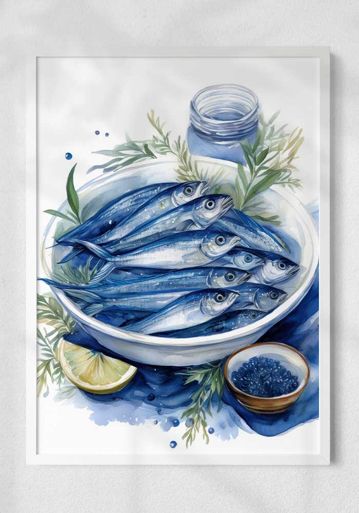 Elegant poster featuring sardines on a plate illustration