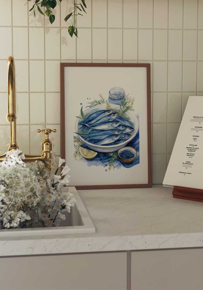 Elegant poster featuring sardines on a plate illustration