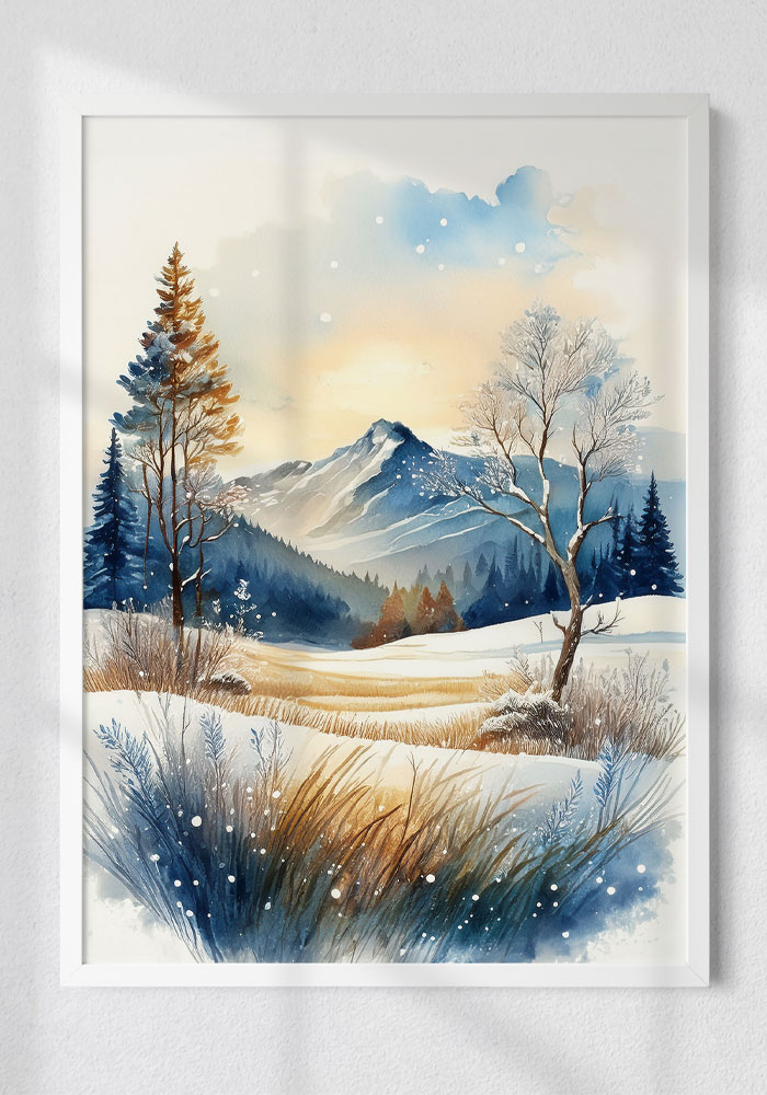 Winter mountain landscape wall art poster — watercolor nature decor with snowy trees, golden light, and serene alpine scenery.