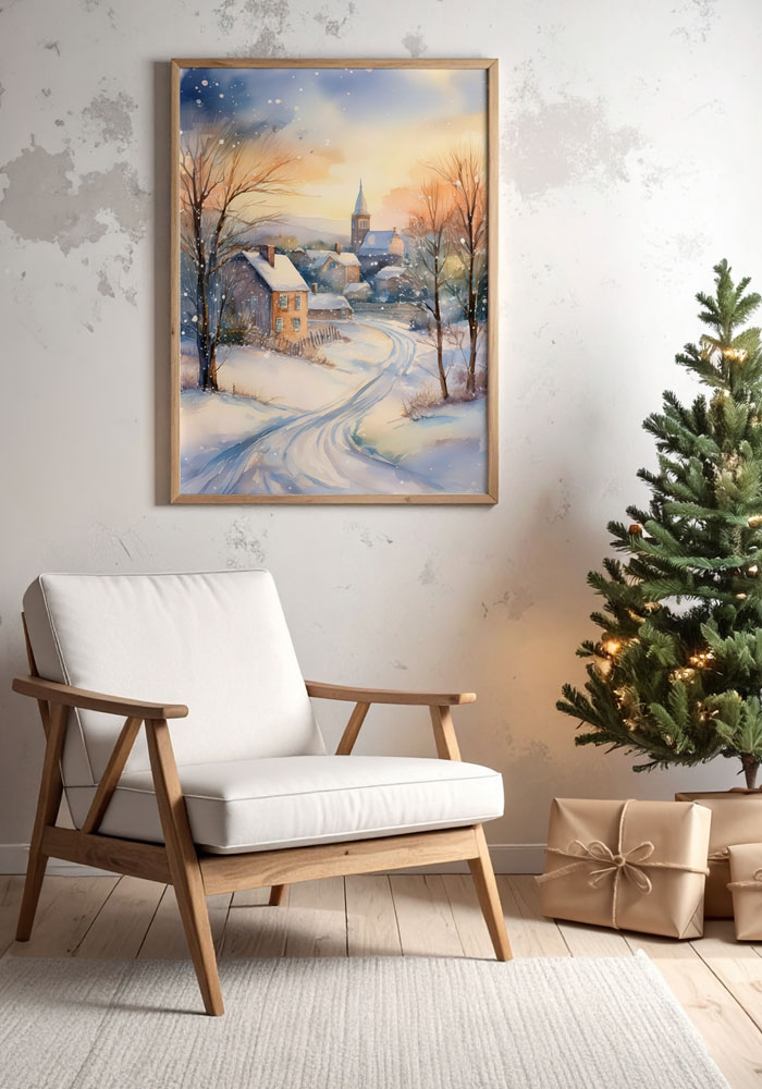 Winter village watercolor art print — snowy houses, church steeple, and sunset sky. Peaceful countryside wall decor for cozy interiors.
