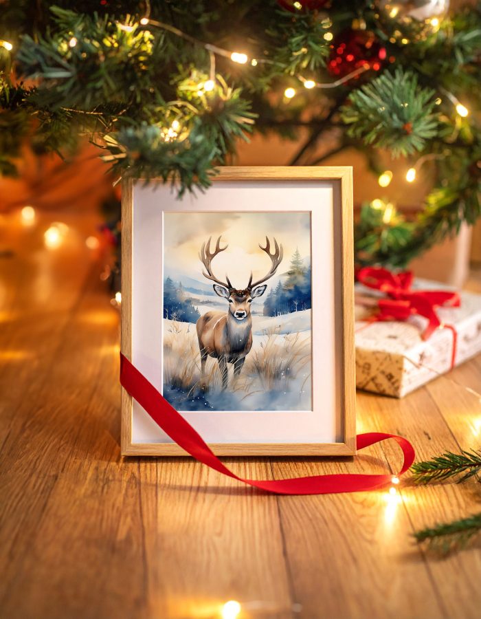 Winter deer watercolor wall art — majestic stag in snowy forest landscape. Nature-inspired wall decor for rustic and Scandinavian homes.