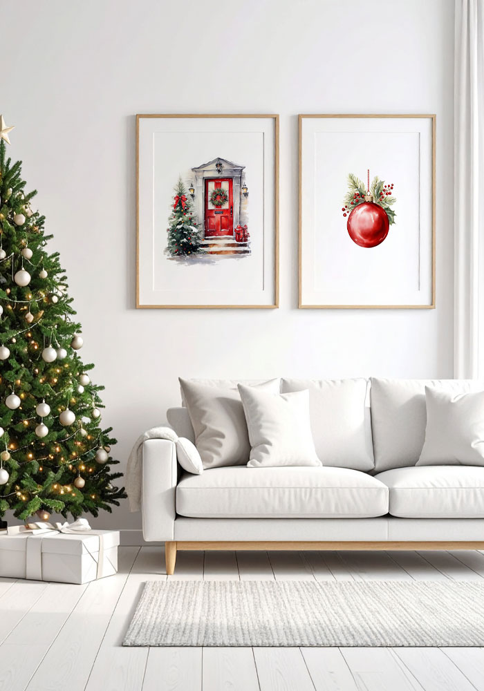 Christmas ornament watercolor art print — red bauble with pine leaves and berries. Festive wall decor for holiday home interiors.